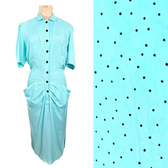 Vintage 🌸 80s Mint Green Polka Dot Pocket Dress - Picture 1 of 6